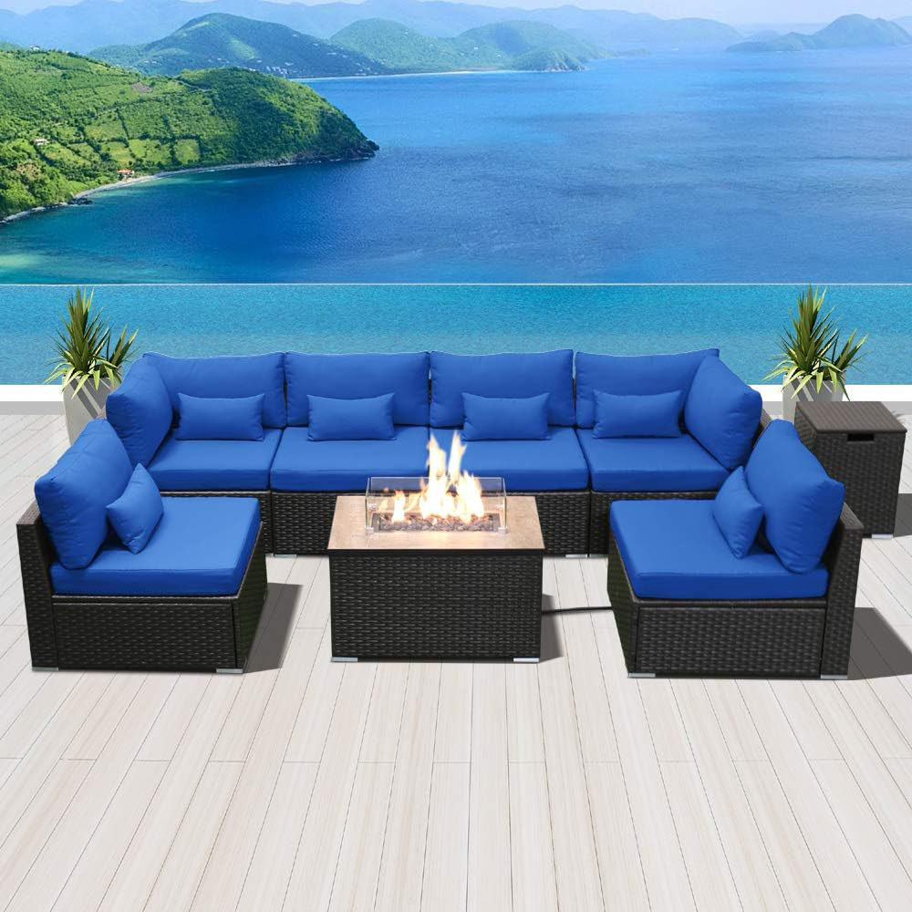 Dineli Sectional Sofa with Gas/Propane Fire Pit Table Outdoor Patio Furniture Sets