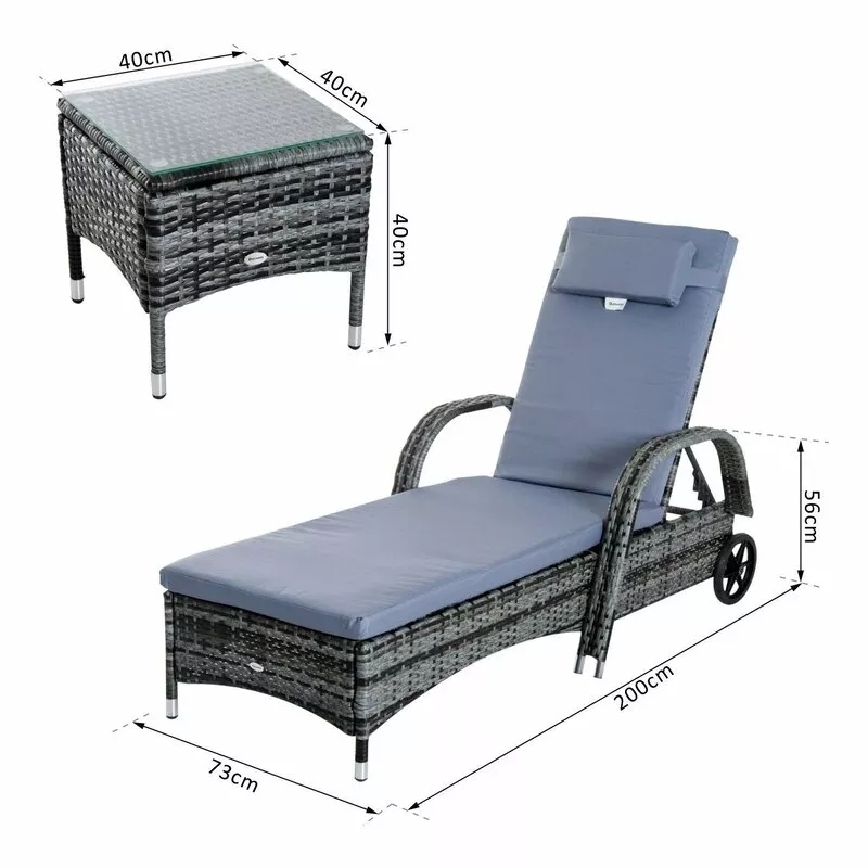 200CM LONG RECLINING SUN LOUNGER SET WITH CUSHIONS AND TABLE