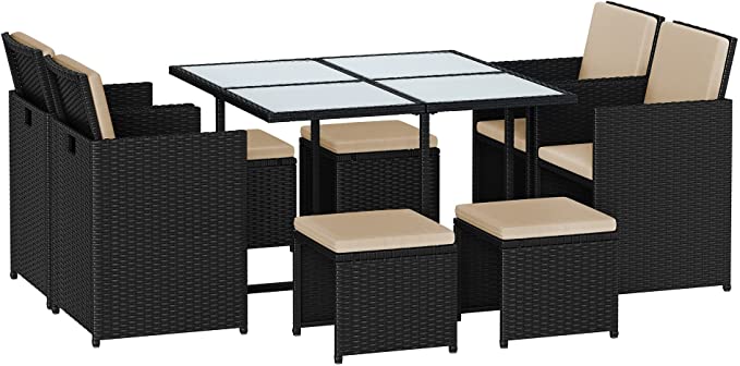 SONGMICS Garden Furniture Set Dining Table and Chairs, Set of 9 PE Rattan Outdoor Patio Furniture, Dining Furniture, Glass Top Coffee Table, with Cushions, Space-Saving, Black and Beige GGF091B02