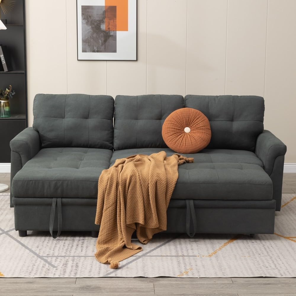 Panana 3 Seater Universal Sofa Bed Corner - Linen or Black Leather-Like Fabric Sofa Bed with Storage & Reversible Chaise (Grey Linen Fabric)