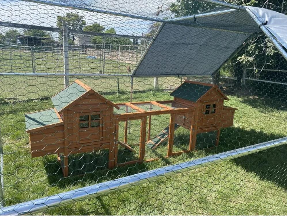 PawHut 124 Double Coop Wooden Large Coop Rabbit Hut Hen Cage Backyard with Outdoor Ramp and Nesting Box