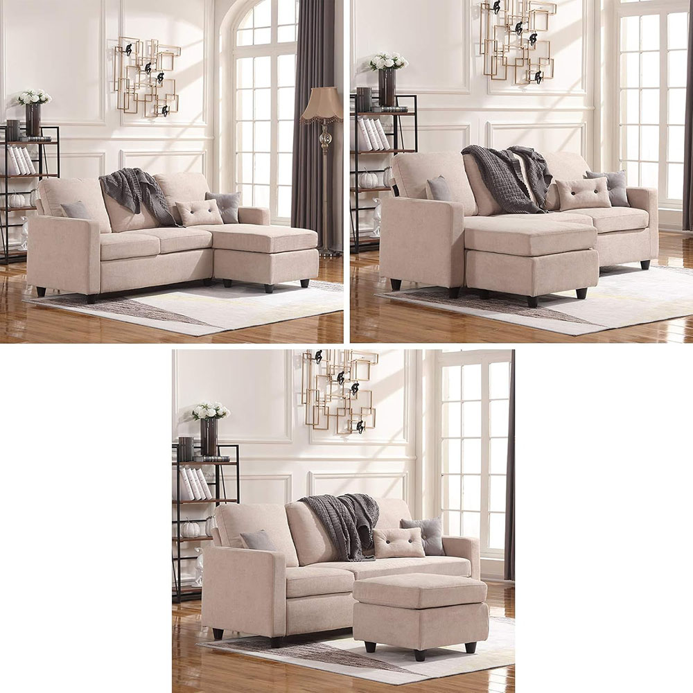 HONBAY L Shaped Couch with Linen Fabric,Convertible, Reversible Sectional Sofa