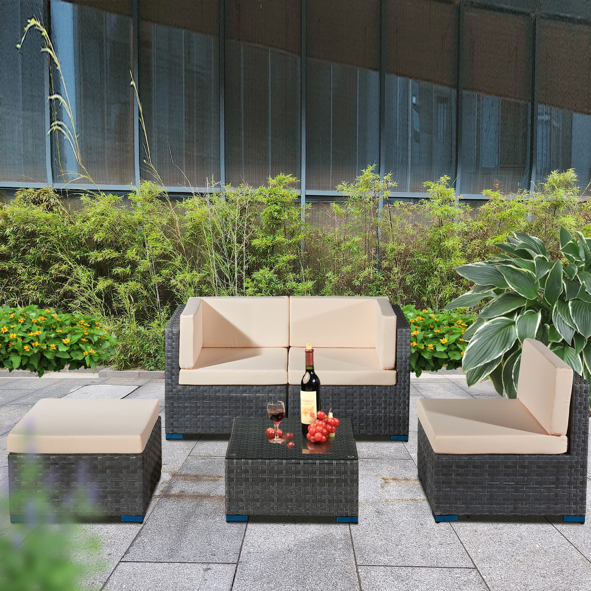 ASOWNSUN Rattan Garden Furniture Sets 4 Seater Patio Sofas with Coffee Table, Cushions, All-weather Outdoor Corner Sofa Patio Conversation Sets,Outdoor Furniture Sets Table Sofa Chair