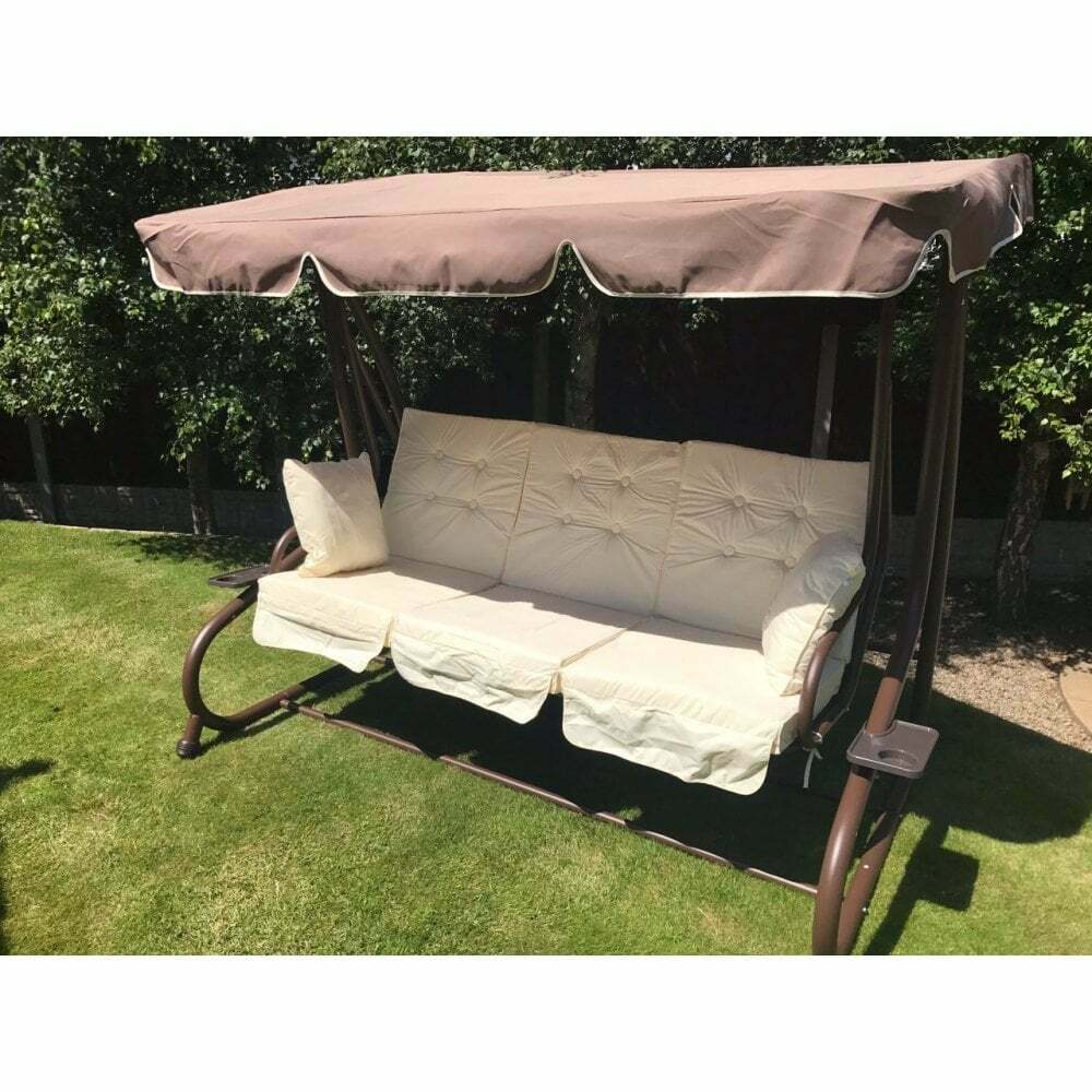Somerset 3 Seat Swing Hammock Bed Heavy Duty Garden Bench Patio Brown Cream Seat