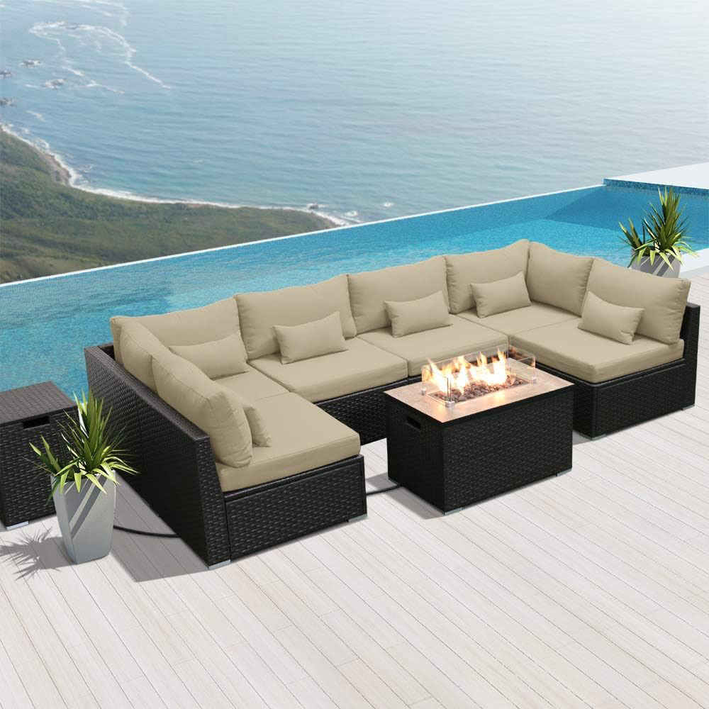 Dineli Sectional Sofa with Gas/Propane Fire Pit Table Outdoor Patio Furniture Sets