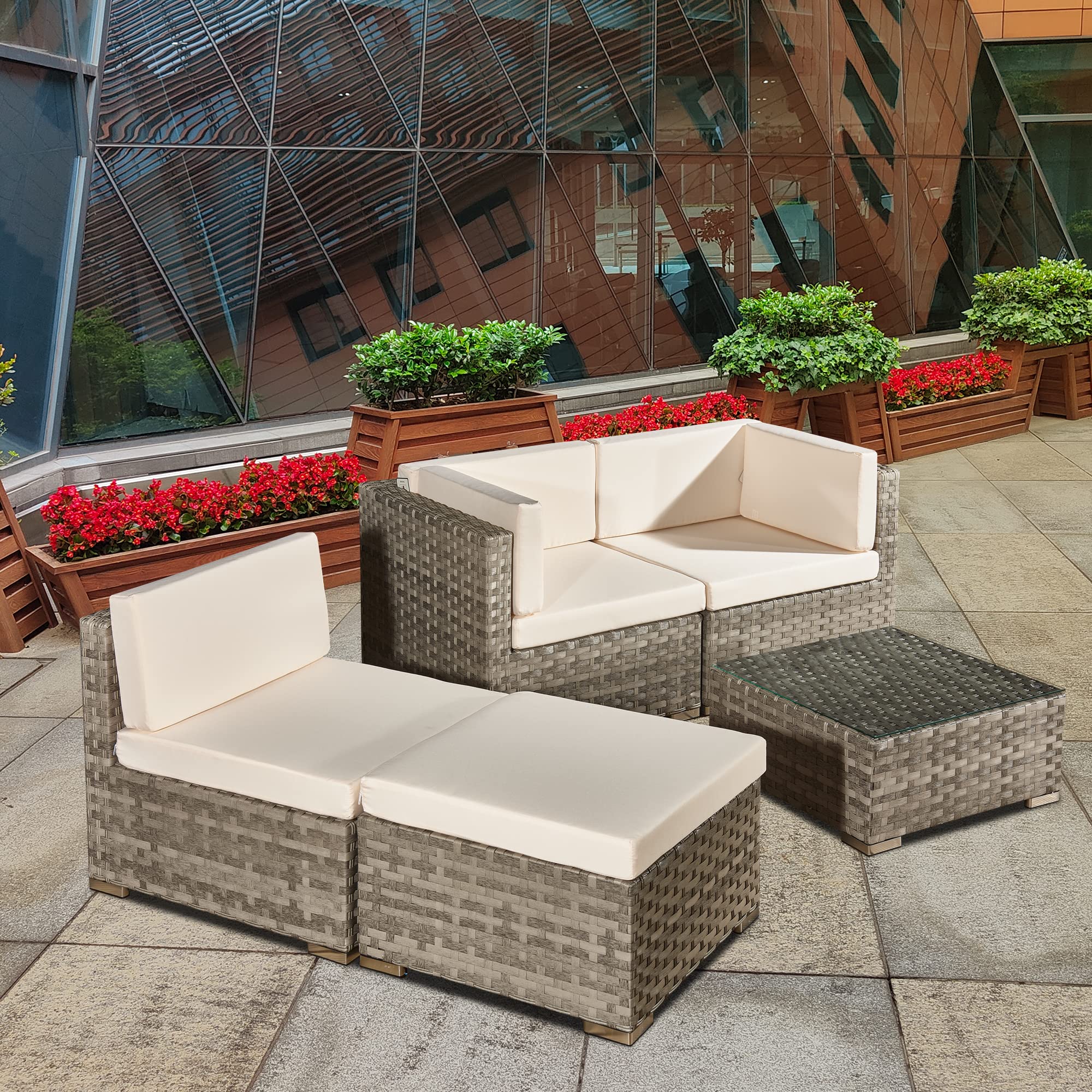 ASOWNSUN Rattan Garden Furniture Sets 4 Seater Patio Sofas with Coffee Table, Cushions, All-weather Outdoor Corner Sofa Patio Conversation Sets,Outdoor Furniture Sets Table Sofa Chair