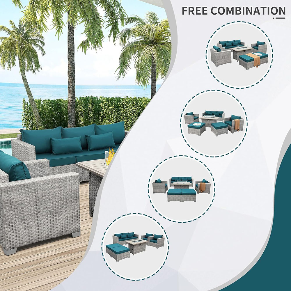 WAROOM patio furniture set 6 piece modular sofa PE rattan reception set with fire pit table