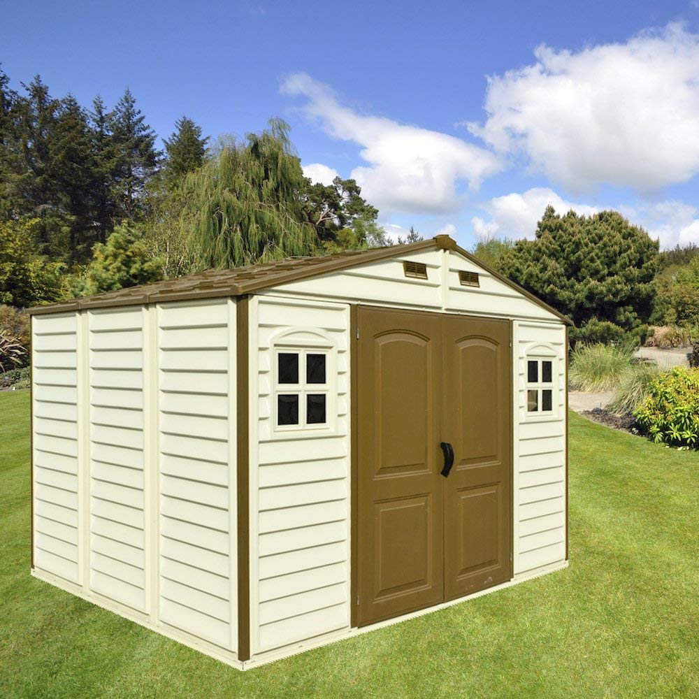 【Storage Shed】10x8 Feet V2 Wood Side Vinyl Shed - Ivory/Brown